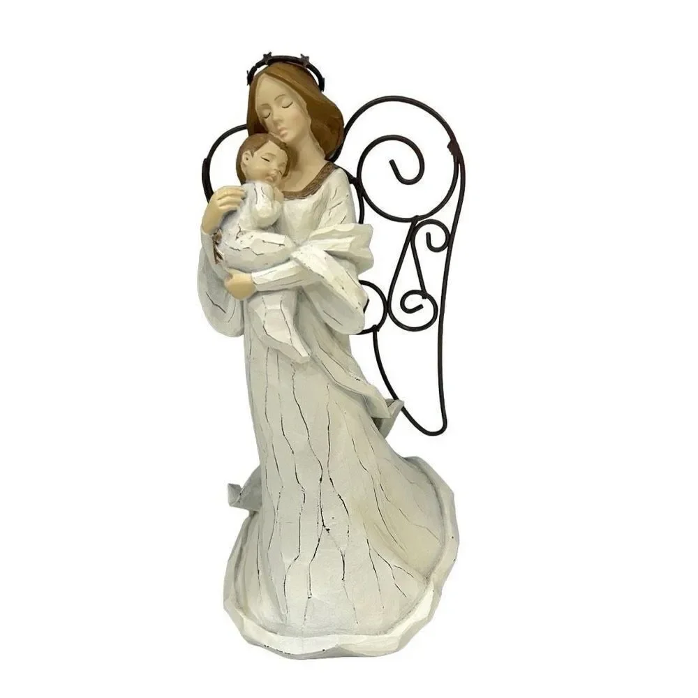 American Greetings White Gold Sculpture of Mother Mary and Baby Jesus Wire Wings
